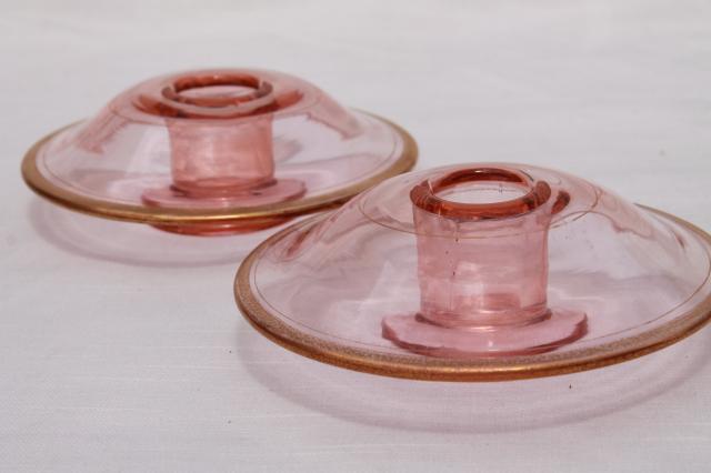 photo of 1920s 30s vintage pink depression glass candlesticks, mushroom shape pair of candle holders #1