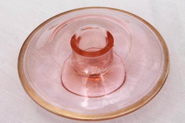 photo of 1920s 30s vintage pink depression glass candlesticks, mushroom shape pair of candle holders #4