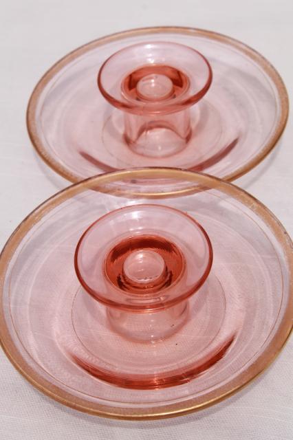 photo of 1920s 30s vintage pink depression glass candlesticks, mushroom shape pair of candle holders #5