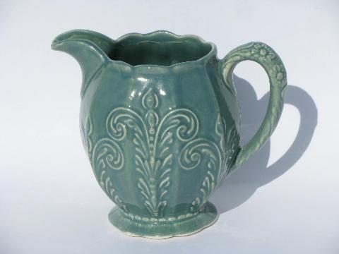 photo of 1920s -30s vintage pottery milk pitcher w/ embossed pattern, old blue color #1