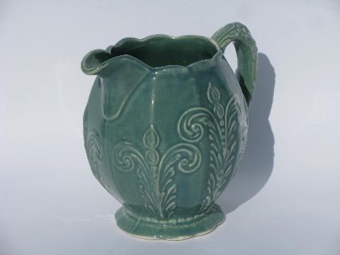photo of 1920s -30s vintage pottery milk pitcher w/ embossed pattern, old blue color #2
