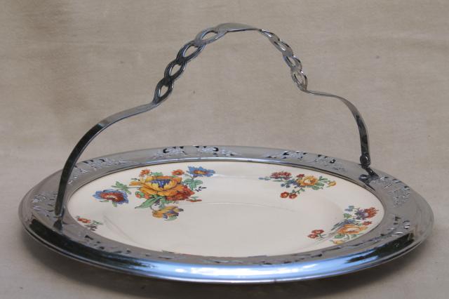 photo of 1920s 30s vintage tea party serving tray, china plate w/ chrome metal basket #1