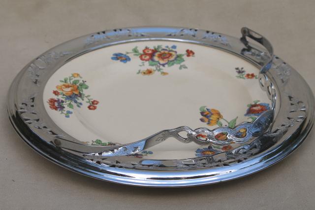 photo of 1920s 30s vintage tea party serving tray, china plate w/ chrome metal basket #3