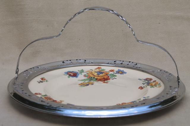 photo of 1920s 30s vintage tea party serving tray, china plate w/ chrome metal basket #4