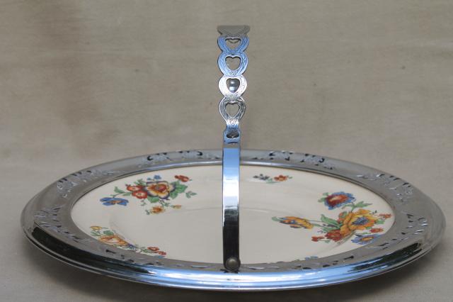 photo of 1920s 30s vintage tea party serving tray, china plate w/ chrome metal basket #5