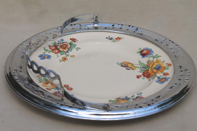 photo of 1920s 30s vintage tea party serving tray, china plate w/ chrome metal basket #6