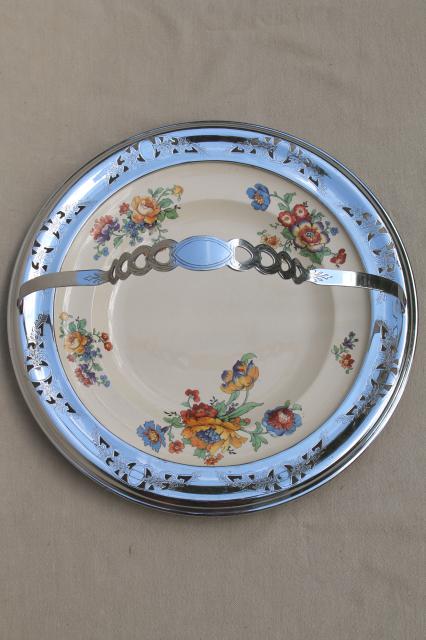 photo of 1920s 30s vintage tea party serving tray, china plate w/ chrome metal basket #9