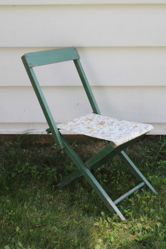 photo of 1920s or 30s vintage camp stool, green painted wood folding chair w/ flowered cloth seat #1