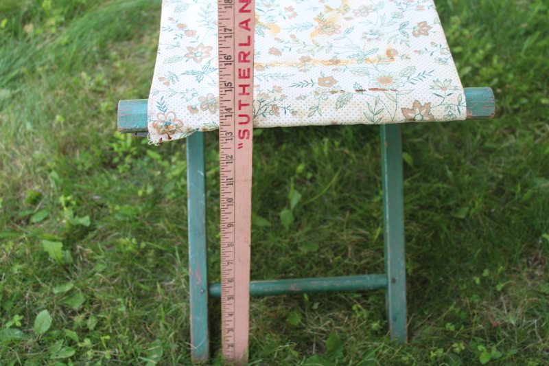 photo of 1920s or 30s vintage camp stool, green painted wood folding chair w/ flowered cloth seat  #3