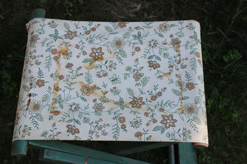 photo of 1920s or 30s vintage camp stool, green painted wood folding chair w/ flowered cloth seat  #5