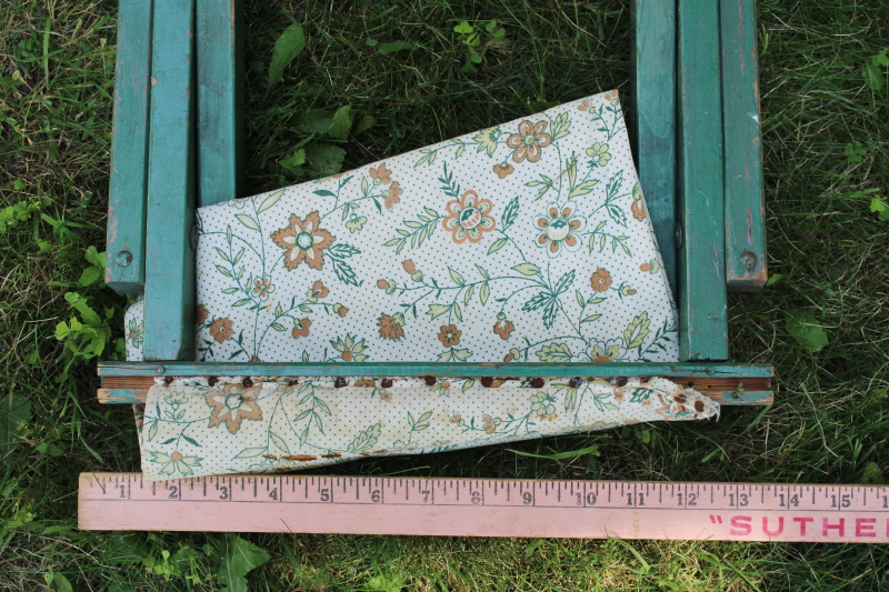 photo of 1920s or 30s vintage camp stool, green painted wood folding chair w/ flowered cloth seat  #10