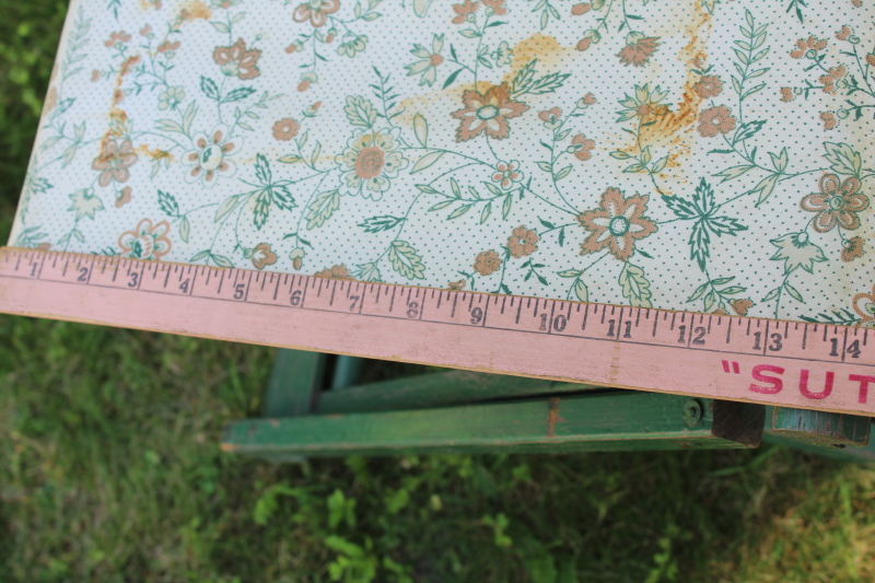 photo of 1920s or 30s vintage camp stool, green painted wood folding chair w/ flowered cloth seat  #11