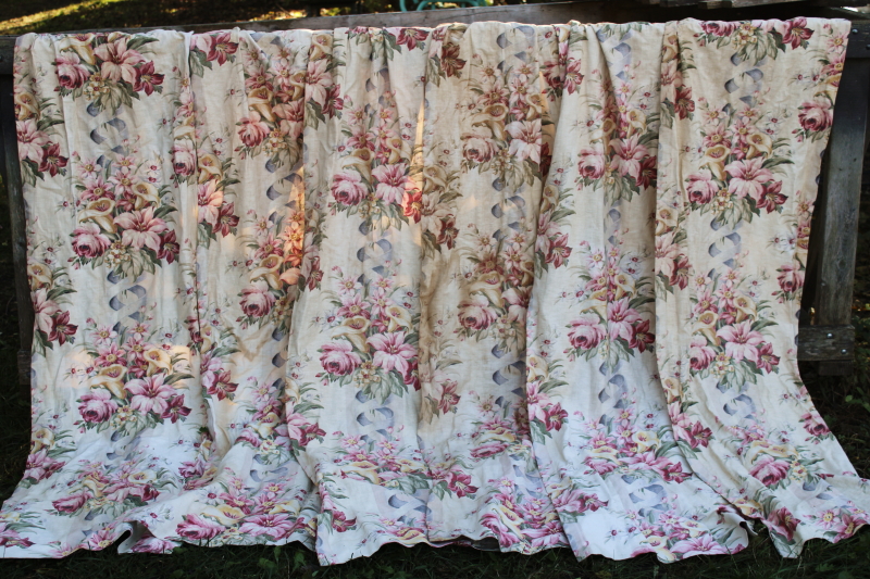 photo of 1920s or 30s vintage floral print linen weave fabric curtains, long skinny panels romantic flowers antique fabric  #1