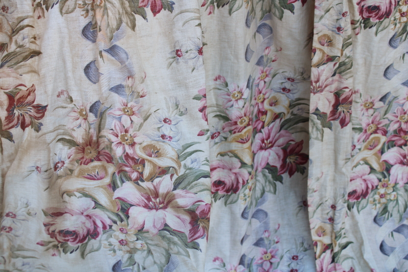 photo of 1920s or 30s vintage floral print linen weave fabric curtains, long skinny panels romantic flowers antique fabric #2