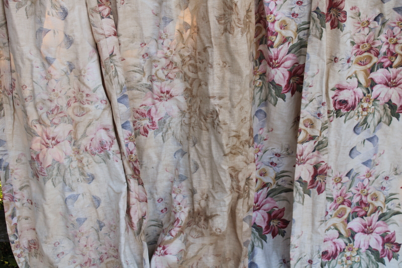 photo of 1920s or 30s vintage floral print linen weave fabric curtains, long skinny panels romantic flowers antique fabric #3