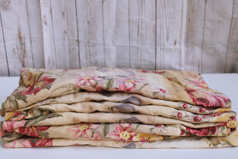 photo of 1920s or 30s vintage floral print linen weave fabric curtains, long skinny panels romantic flowers antique fabric #4