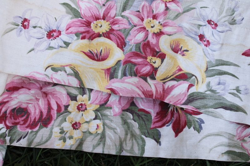 photo of 1920s or 30s vintage floral print linen weave fabric curtains, long skinny panels romantic flowers antique fabric #5