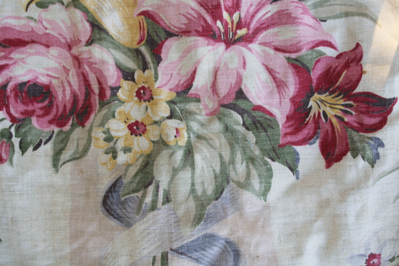 photo of 1920s or 30s vintage floral print linen weave fabric curtains, long skinny panels romantic flowers antique fabric #6