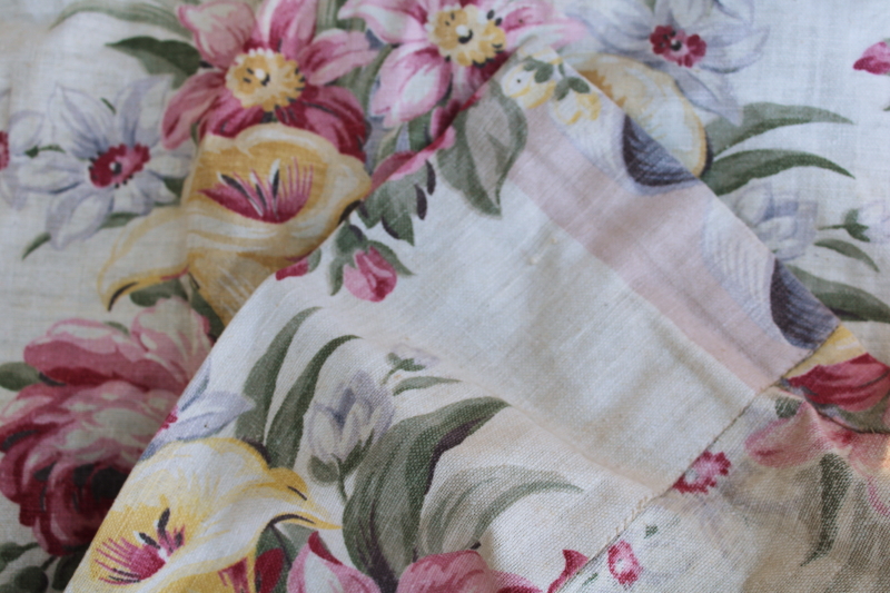 photo of 1920s or 30s vintage floral print linen weave fabric curtains, long skinny panels romantic flowers antique fabric #8