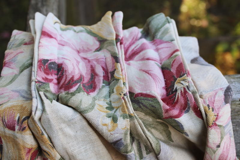 photo of 1920s or 30s vintage floral print linen weave fabric curtains, long skinny panels romantic flowers antique fabric #9