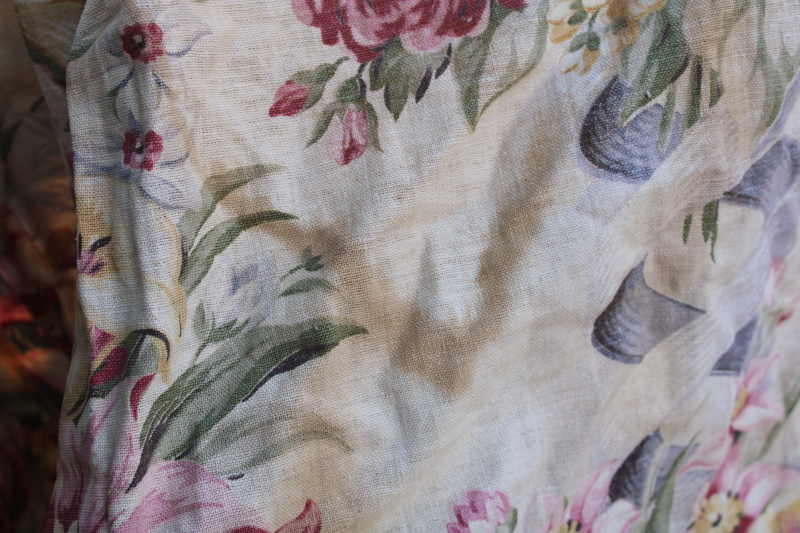 photo of 1920s or 30s vintage floral print linen weave fabric curtains, long skinny panels romantic flowers antique fabric #11