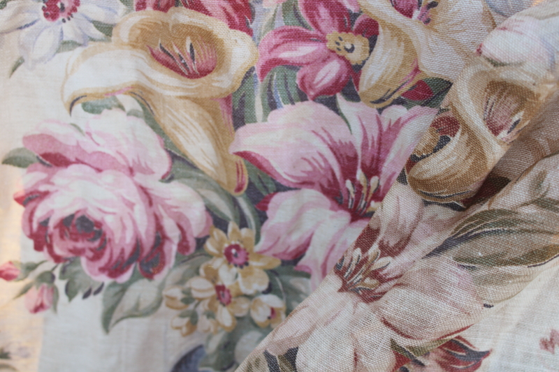photo of 1920s or 30s vintage floral print linen weave fabric curtains, long skinny panels romantic flowers antique fabric #12
