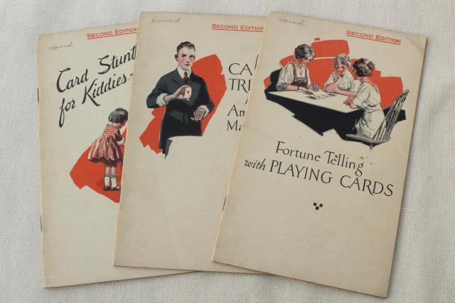 photo of 1920s playing card tricks & games booklets, parlor trick fortune telling house of cards  #1