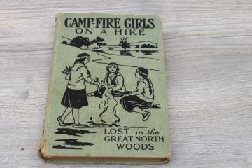 catalog photo of 1920s vintage Campfire Girls series Lost in the Woods, mint green w/ black cover art camping