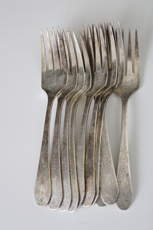 photo of 1920s vintage Community silver plate salad forks, Paul Revere pattern delicate etched floral #1