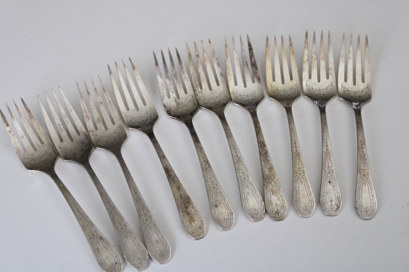 photo of 1920s vintage Community silver plate salad forks, Paul Revere pattern delicate etched floral #7