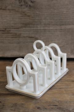 catalog photo of 1920s vintage Germany china toast rack or letter holder, white porcelain w/ gold