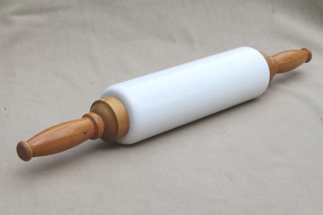 photo of 1920s vintage Imperial milk glass rolling pin w/ wood handles #1