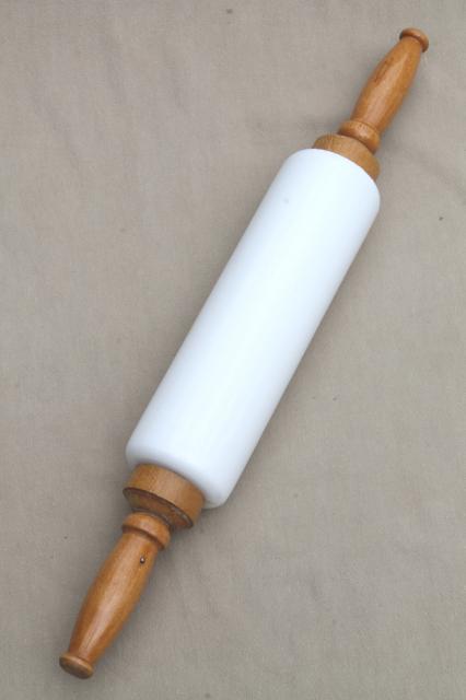 photo of 1920s vintage Imperial milk glass rolling pin w/ wood handles #2