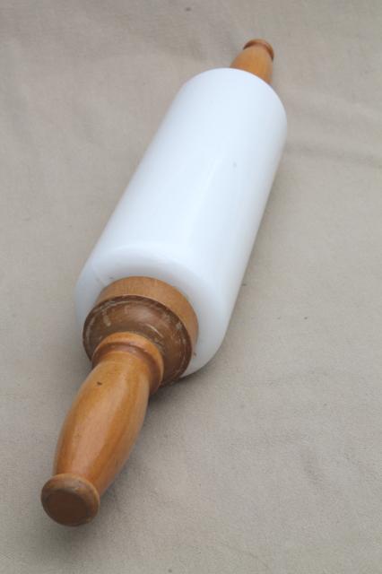 photo of 1920s vintage Imperial milk glass rolling pin w/ wood handles #3