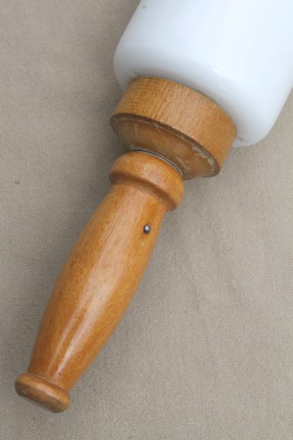 photo of 1920s vintage Imperial milk glass rolling pin w/ wood handles #4