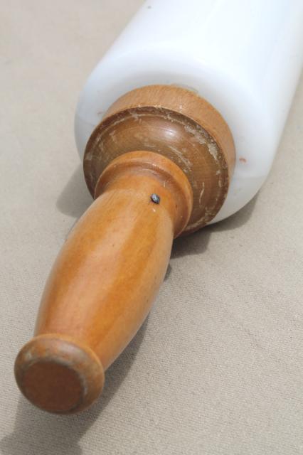 photo of 1920s vintage Imperial milk glass rolling pin w/ wood handles #5