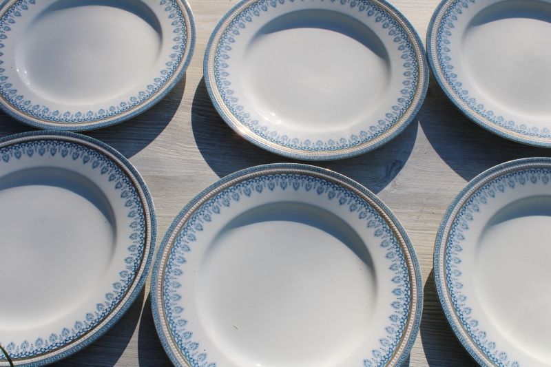 photo of 1920s vintage J&G Meakin china dinner plates, Enfield blue & gold border #1