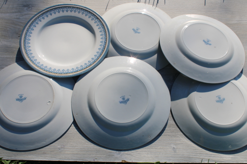 photo of 1920s vintage J&G Meakin china dinner plates, Enfield blue & gold border #5