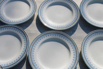 catalog photo of 1920s vintage J&G Meakin china dinner plates, Enfield blue & gold border