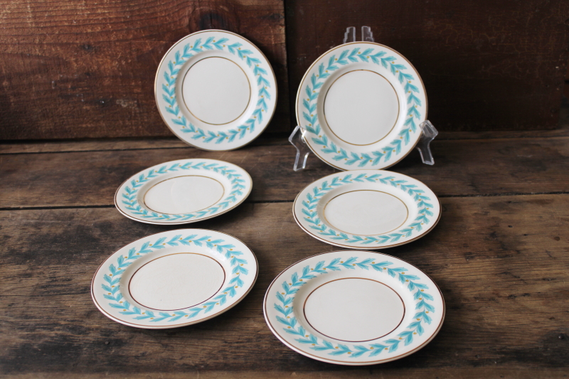 photo of 1920s vintage Johnson Bros china, set of 6 small plates Bermuda aqua blue leaf border #1