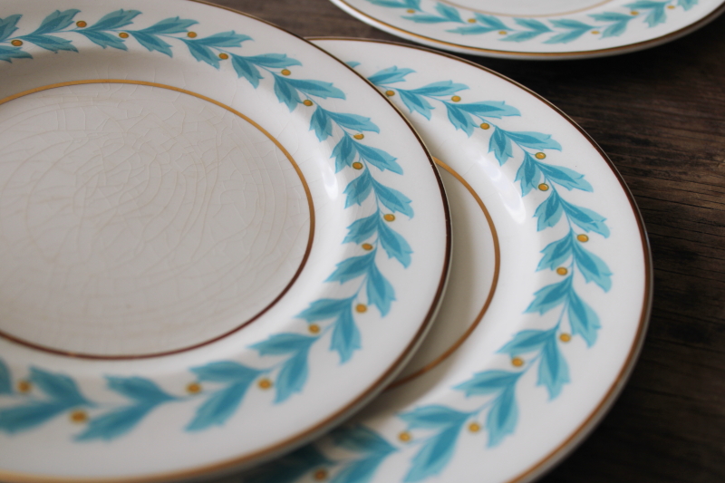 photo of 1920s vintage Johnson Bros china, set of 6 small plates Bermuda aqua blue leaf border #2