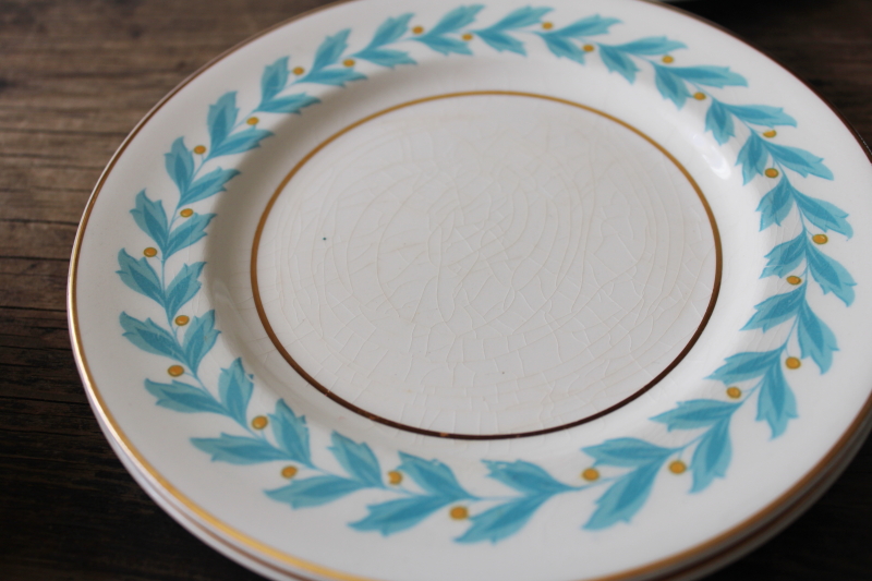 photo of 1920s vintage Johnson Bros china, set of 6 small plates Bermuda aqua blue leaf border #3