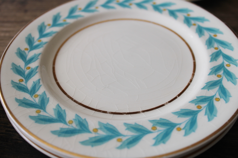 photo of 1920s vintage Johnson Bros china, set of 6 small plates Bermuda aqua blue leaf border #4