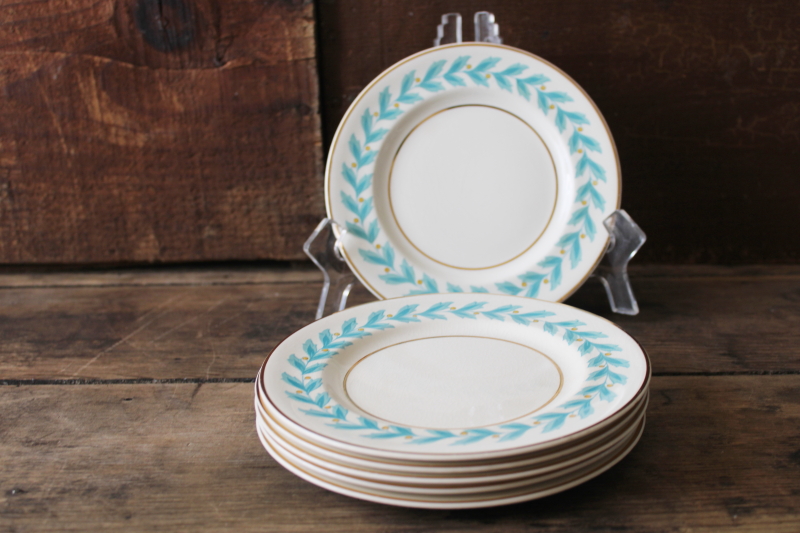 photo of 1920s vintage Johnson Bros china, set of 6 small plates Bermuda aqua blue leaf border #6