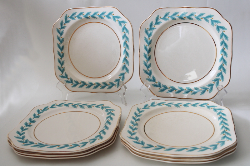 photo of 1920s vintage Johnson Bros china, set of 8 square plates Bermuda aqua blue leaf border #1