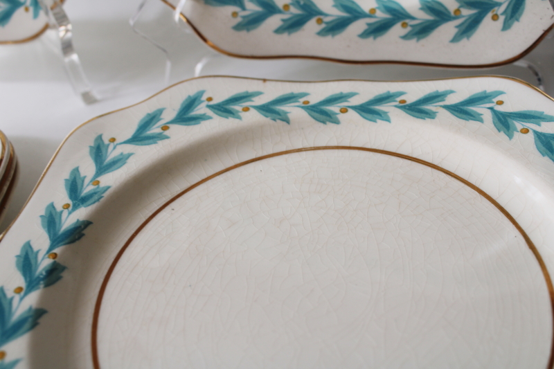 photo of 1920s vintage Johnson Bros china, set of 8 square plates Bermuda aqua blue leaf border #2