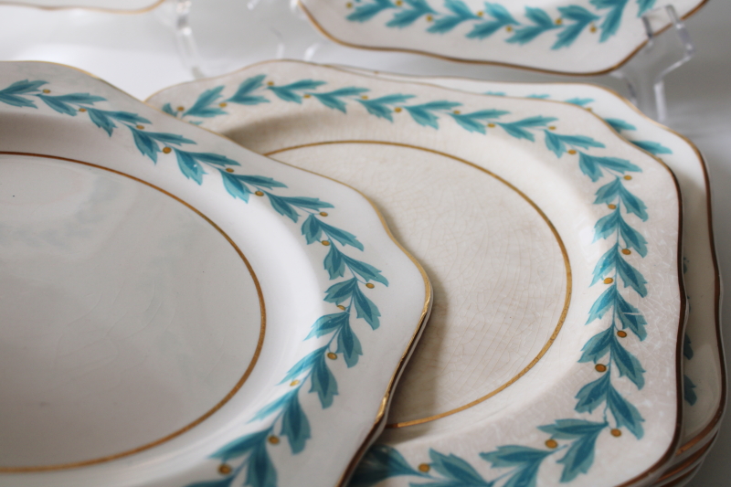 photo of 1920s vintage Johnson Bros china, set of 8 square plates Bermuda aqua blue leaf border #3