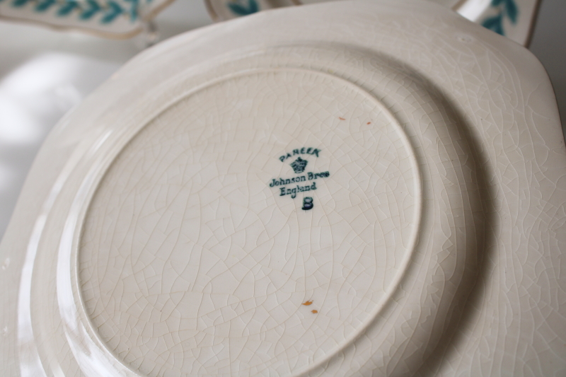 photo of 1920s vintage Johnson Bros china, set of 8 square plates Bermuda aqua blue leaf border #4