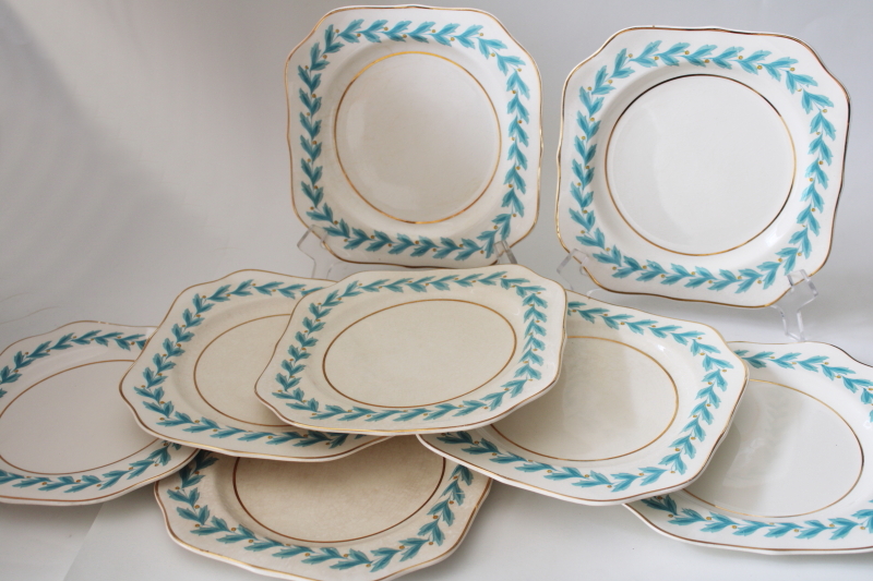 photo of 1920s vintage Johnson Bros china, set of 8 square plates Bermuda aqua blue leaf border #5