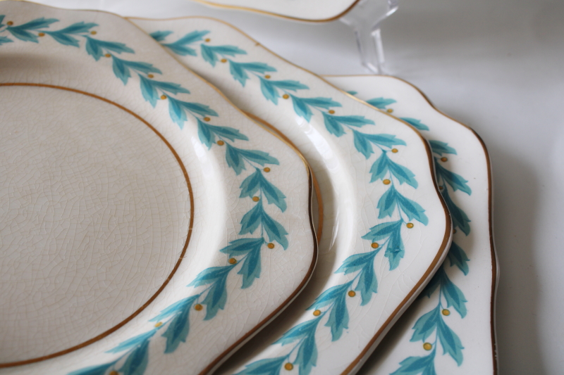 photo of 1920s vintage Johnson Bros china, set of 8 square plates Bermuda aqua blue leaf border #6